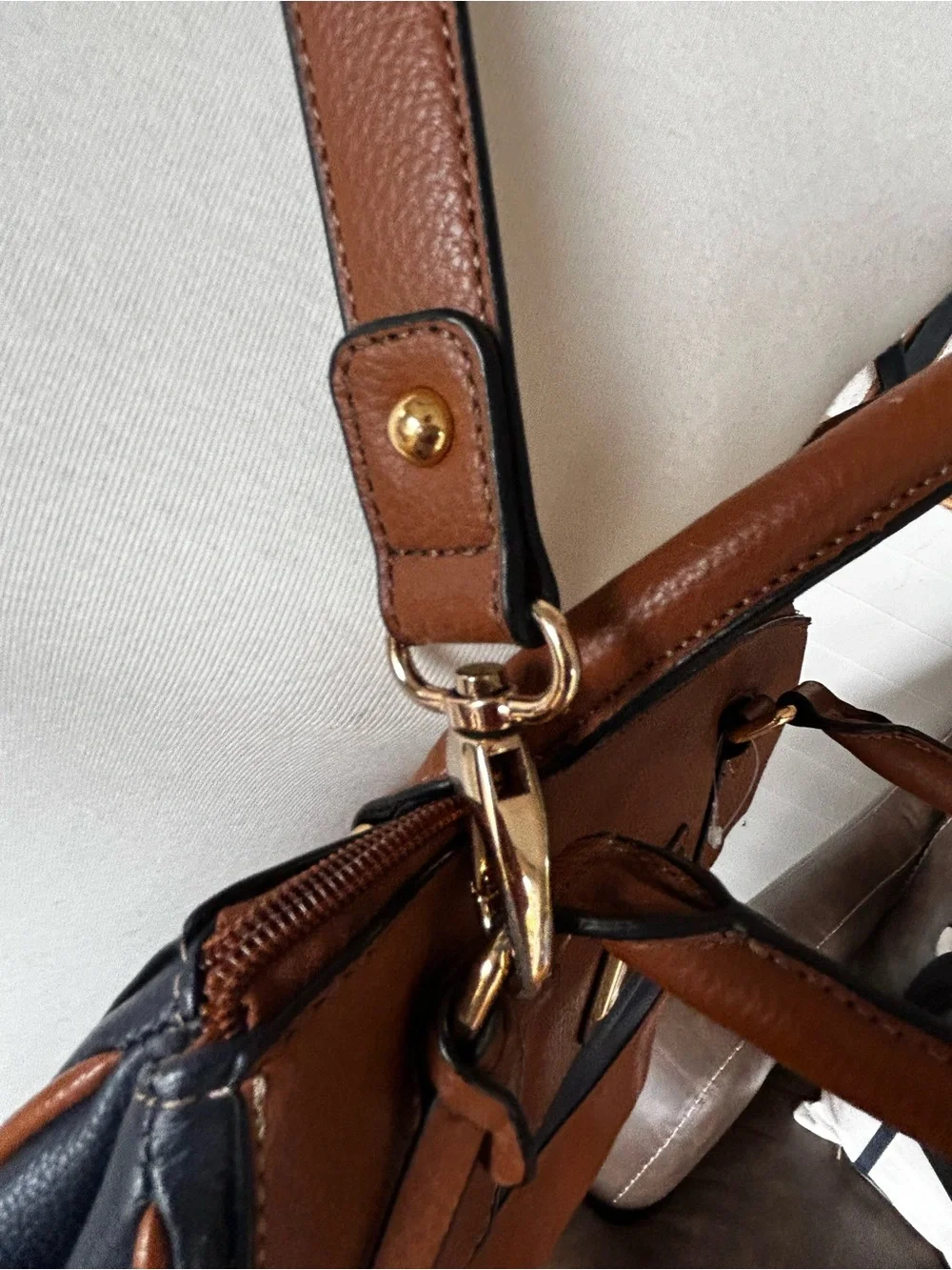 Tignanello Navy & Cognac Satchel Crossbody Bag Colorblock Faux Pebbled Leather